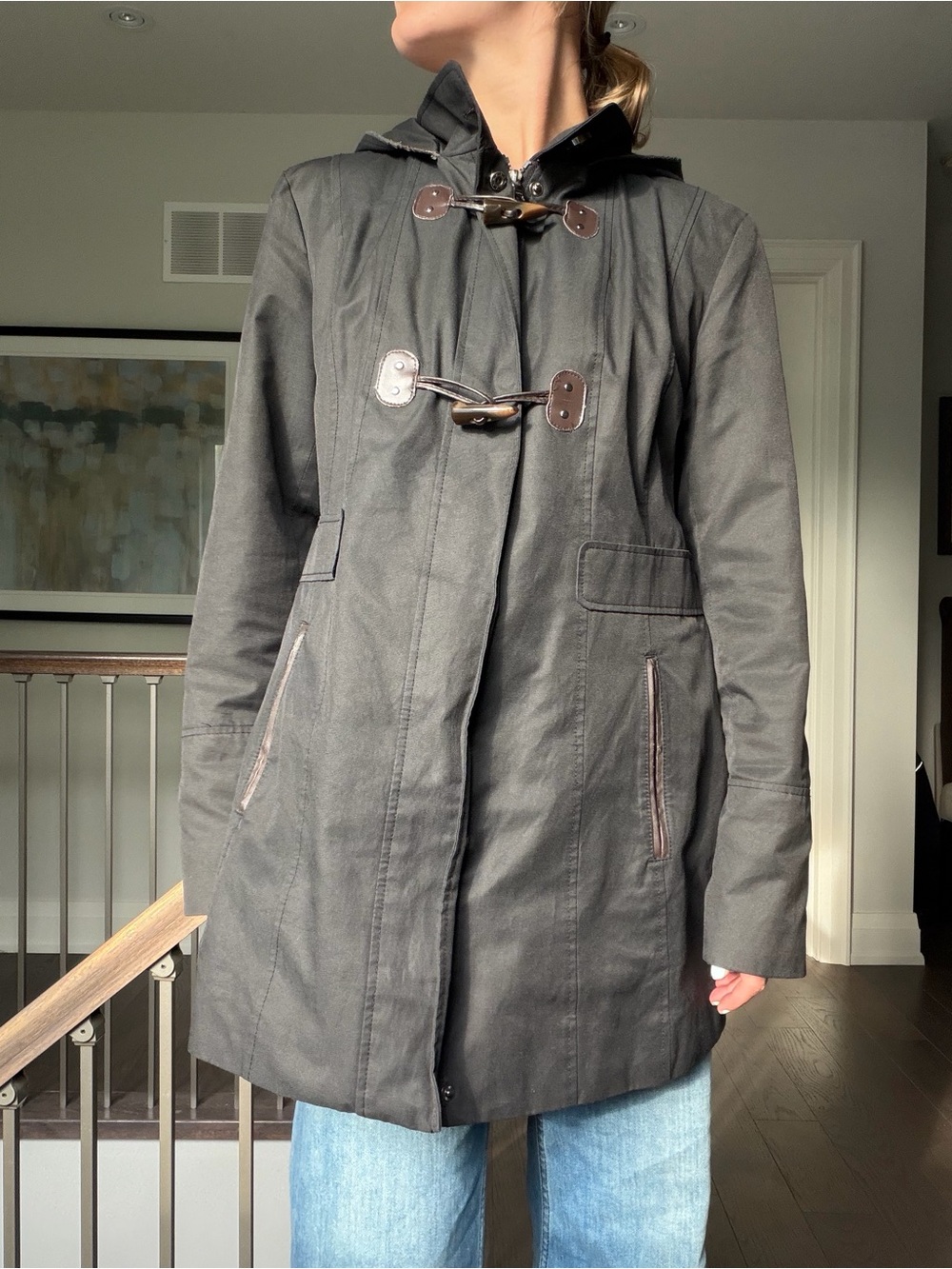 Esprit Dark Gray Hooded Toggle Trench Coat